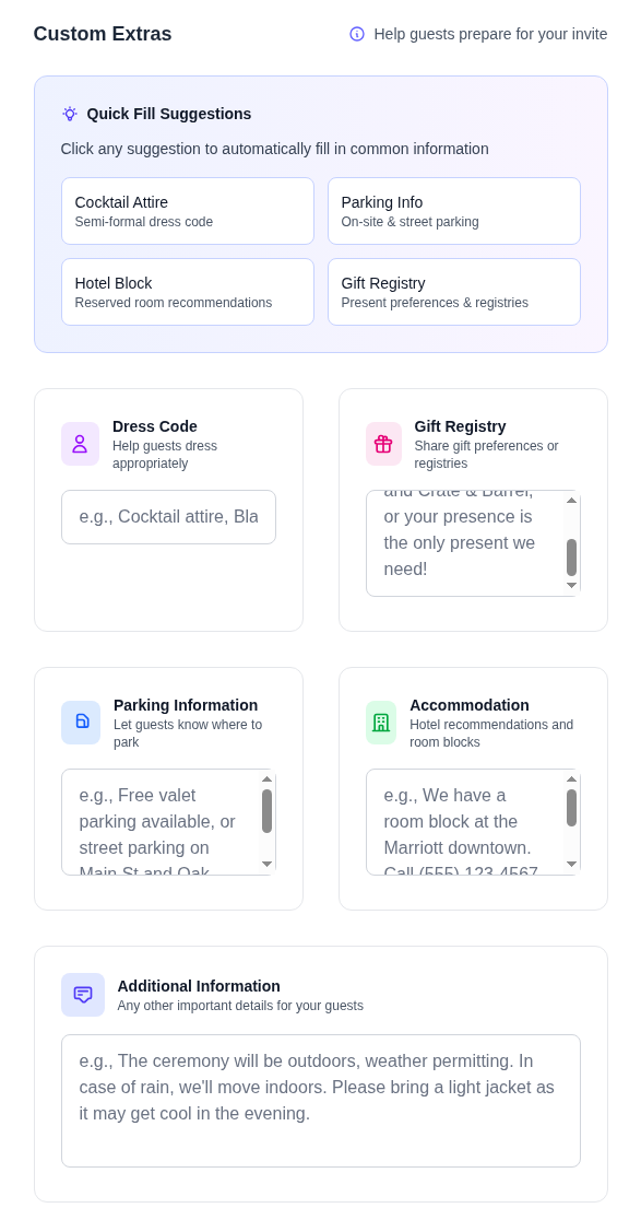 Custom event fields including dress code, parking, and accommodations