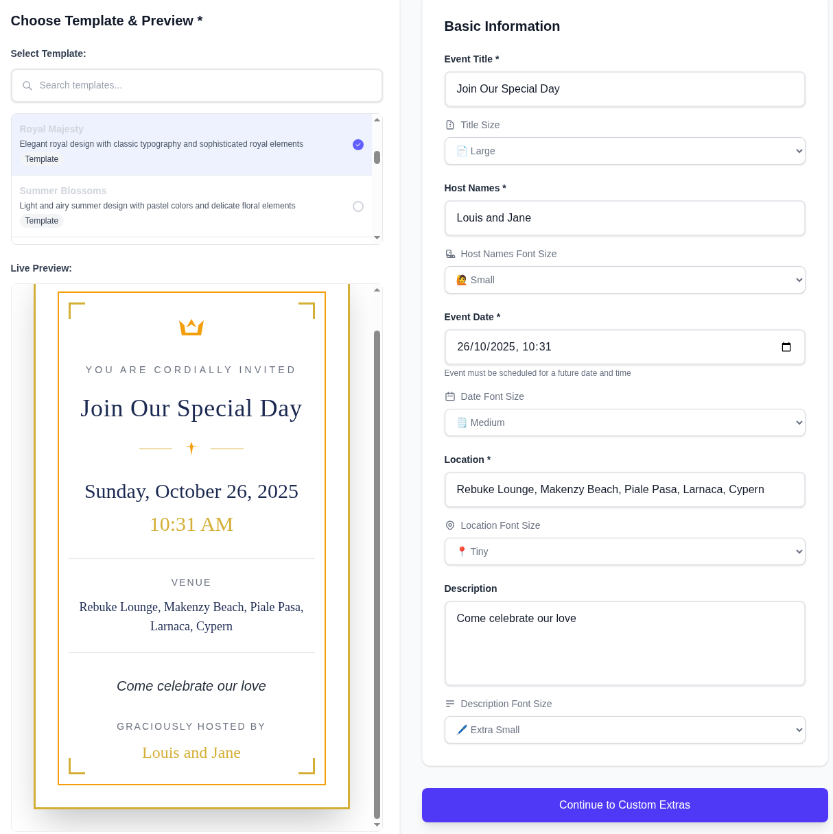 Wedding invitation editor showing template customization