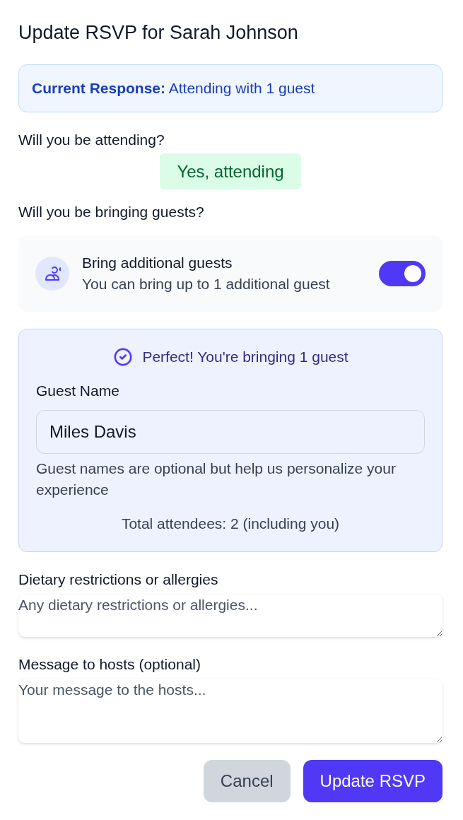 RSVP form with attendance, plus-ones, and dietary restrictions